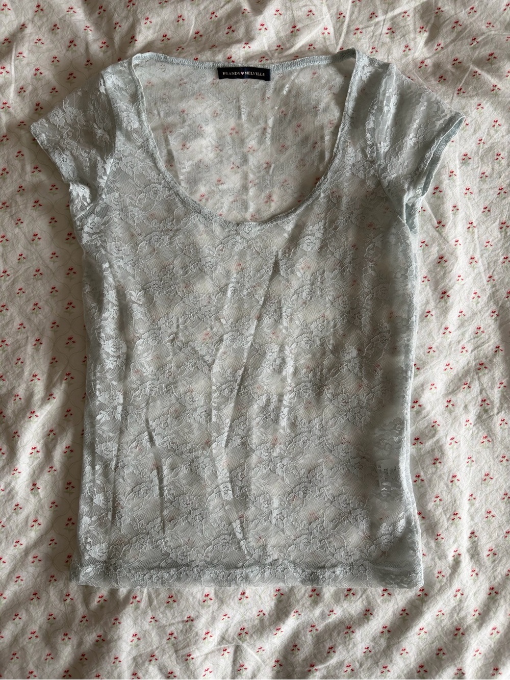 Brandy Melville Light Blue Sheer Floral Lace Scoop Neck Tee